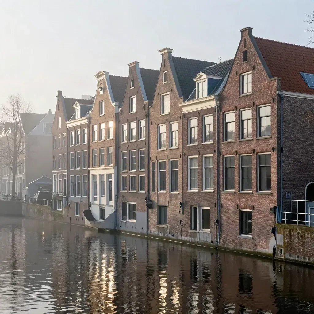 Amsterdamse grachten bij ochtendmist, hoge daken en rustig spiegelend water
