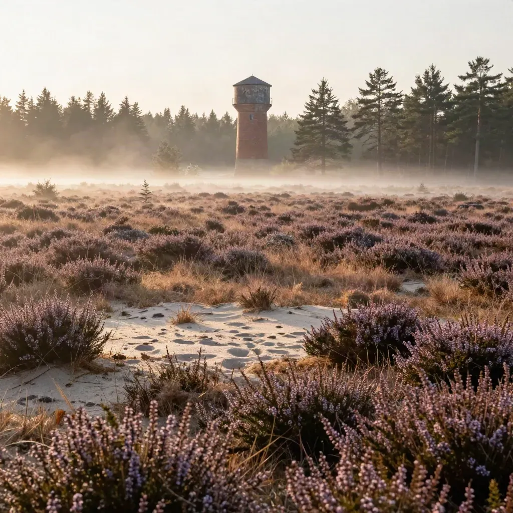 Veluwse heide in ochtendmist met verre bakstenen watertoren en bosrand.